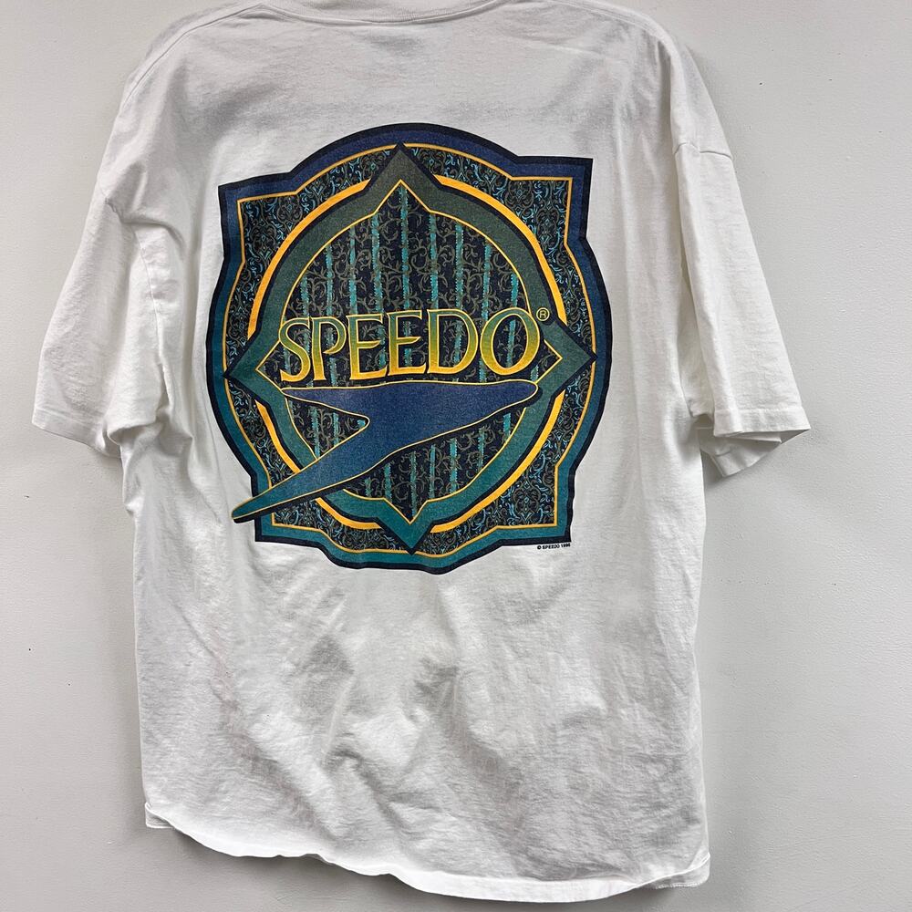 Vintage Men's 1996 Speedo Graphic logo tee 100% cotton white crew neck XL